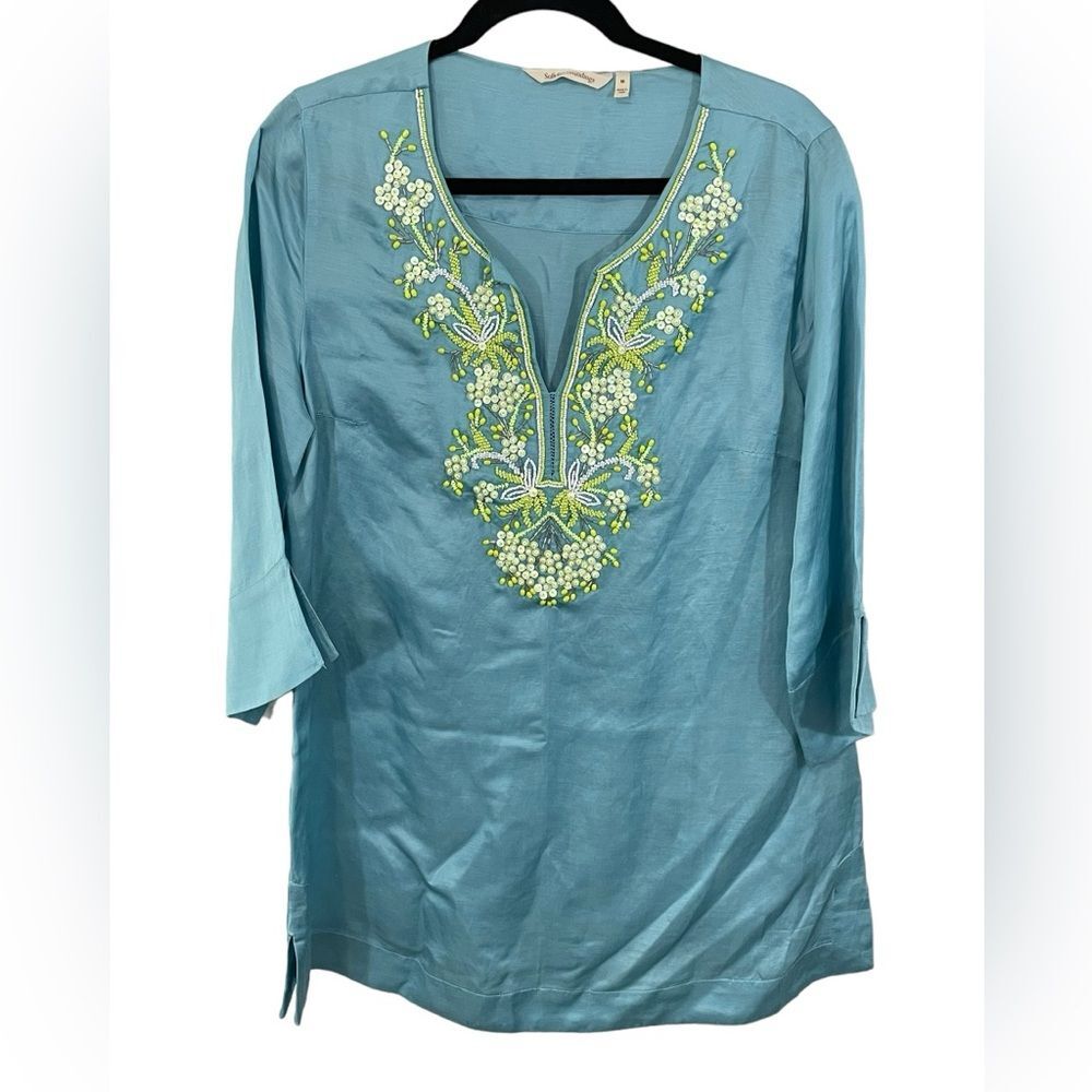 Soft Surroundings Blue Tunic with Green Embroidery